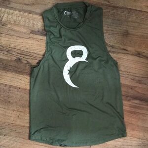 Zyia Olive Green Sleeveless Workout Tank with White Kettlebell Graphic